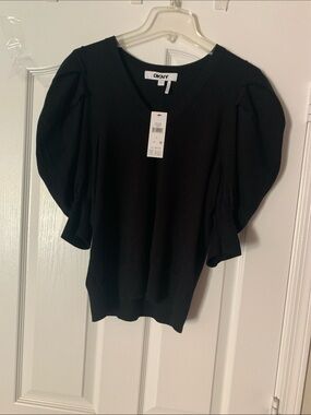 DKNY Black V-Neck Puff Sleeve Sweater